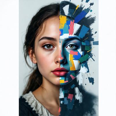 The primary subject of the image is a woman's face, which is depicted in two different colors. The setting is a white background, and the visual style is a painting or drawing. The colors and mood of the image are vibrant and artistic, with the woman's face being painted in two distinct colors.